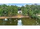 Scenic aerial view of the home nestled amongst trees with private lake access and dock at 587 Morgan Ct, Hampton, GA 30228