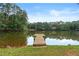 Wooden dock extending into the calm waters of the lake surrounded by lush greenery at 587 Morgan Ct, Hampton, GA 30228