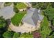An aerial view of the home showcasing the well-manicured lawn, circular driveway and surrounding landscape at 2115 Brook Pond Ct, Alpharetta, GA 30005