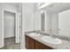 Bathroom features a double sink vanity with granite countertops and a view to the walk-in closet at 3682 Harvest Dr, Decatur, GA 30034