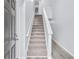 Bright, modern staircase with gray carpet, white risers, and gray-tone wood flooring at 3682 Harvest Dr, Decatur, GA 30034