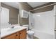Bathroom featuring vanity with white sink and shower-tub combo at 3119 Devauden Ct, Duluth, GA 30096