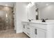 Bathroom featuring a shower with a glass door and dual sinks with white cabinetry at 557 Red Clay Farm Ln, Suwanee, GA 30024