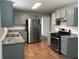 Modern kitchen featuring stainless steel appliances, granite countertops, gray cabinets, and wood flooring at 2143 Gwinn Dr, Norcross, GA 30071