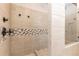 Walk-in shower with a mosaic tile accent and bronze fixtures at 475 Letchas Ln, Alpharetta, GA 30009