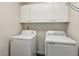 Laundry room with washer and dryer; white cabinets for storage; and wire shelving at 11637 Brown Bridge Rd, Covington, GA 30016