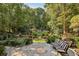 Lush backyard with a stone patio and striped bench surrounded by manicured greenery and mature trees at 3814 Vermont Ne Rd, Atlanta, GA 30319