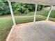 Covered concrete patio featuring white support columns and view of the backyard and surrounding foliage at 265 Edinburgh Ln, Woodstock, GA 30188