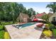Spacious pool area with in-pool loungers and lounge chairs, surrounded by lush greenery and a stone patio at 4975 Rebel Trl, Atlanta, GA 30327
