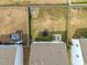 Aerial view of a fenced backyard with a trampoline, fire pit, and patio at 828 Royal Red Ct, Mcdonough, GA 30253