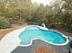 Backyard view of a private in-ground pool and patio area surrounded by lush greenery and mature trees at 880 Streamside Dr, Mcdonough, GA 30252