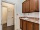 Spacious counter area with tiled backsplash, wooden cabinets and entry to another room at 5809 Warren Farm Sw Rd, Powder Springs, GA 30127