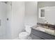 Modern bathroom features granite counters, grey cabinets, and glass shower with tile at 3119 Stonegate Sw Dr, Atlanta, GA 30331