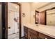 Bathroom featuring a single sink vanity, shower and cow-themed shower curtain at 4722 Bexley Dr, Stone Mountain, GA 30083