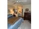 Bedroom featuring a wooden dresser and a bed with a blue and gold comforter at 3530 Piedmont Ne Rd # I3, Atlanta, GA 30305