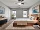 Staged main bedroom featuring carpet, neutral walls, and two windows for natural light at 338 Thorn Thicket Dr, Rockmart, GA 30153