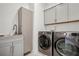 Functional laundry room with a washer, dryer, utility sink, and cabinet storage at 6838 Prelude Dr, Atlanta, GA 30328