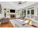 Living room with hardwood floors, a stone fireplace, and large windows providing ample natural light at 820 Thermopylae Ct, Alpharetta, GA 30005