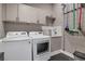 Modern laundry room with a washer, dryer, white cabinets, and practical fixtures for household tasks at 3096 Highland Se Dr, Smyrna, GA 30080