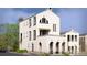 Impressive three-story white home showcasing a stylish arched entrance and elegant black framed windows at 215 Rolison Way, Fayetteville, GA 30214