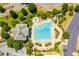 Community pool aerial view features a large pool, water slide, ample seating, and lush landscaping for a resort-like experience at 239 Sumac Trl, Woodstock, GA 30188