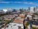 An aerial view of a city neighborhood with diverse buildings, stadium, and downtown skyline in the background at 204 Walker Sw St # 208, Atlanta, GA 30313