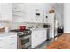 Modern kitchen boasts white cabinets, marble backsplash, stainless steel appliances, and sleek open shelving at 455 Glen Iris Ne Dr # D, Atlanta, GA 30308