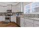 Close-up showcases the stainless steel appliances, decorative tile backsplash, and granite countertops of the modern kitchen at 1784 Treymire Ct, Stone Mountain, GA 30088