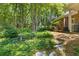 Backyard featuring stepping stones, lush foliage, mature trees, and a manicured lawn at 2802 Nettle Ln, Buford, GA 30519