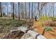 A picturesque backyard features a gentle stream crossed by stepping stones, surrounded by trees and greenery at 2802 Nettle Ln, Buford, GA 30519