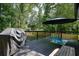 Back deck area featuring grill and play area, surrounded by lush trees and a wooden fence at 3003 Maple Ln, Alpharetta, GA 30009