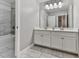 Well-lit bathroom with double sink vanity, white cabinets and modern fixtures at 301 Cochin Dr, Woodstock, GA 30188