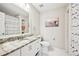 Bright bathroom features white cabinets, marble countertops, and a shower with decorative tiling at 3500 Fieldstone Xing, Alpharetta, GA 30005