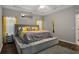A spacious bedroom featuring gray walls, wood floors, tray ceiling, and ample natural light at 3876 Elm Trace Ct, Loganville, GA 30052