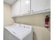 Functional laundry room with overhead cabinets, a washer and dryer, plus safety equipment at 170 Fairview Chase Rd, Covington, GA 30016
