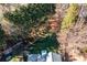 Aerial view of a backyard featuring a patio and outdoor dining set surrounded by lush trees at 503 Stanford Pl, Woodstock, GA 30188