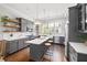 Stylish kitchen with gray cabinetry, stainless steel appliances, a large island, and hardwood floors at 196 Wingo St, Norcross, GA 30071