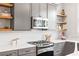 Close-up of a modern kitchen with stainless steel appliances, white countertops, and gray cabinets at 196 Wingo St, Norcross, GA 30071