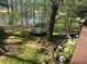Picturesque backyard with mature trees, a lake view, and recreational features, perfect for outdoor enjoyment at 1061 Steeple Run, Lawrenceville, GA 30043