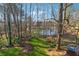 Picturesque backyard with lush lawn, mature trees, and a serene view of the lake beyond at 1061 Steeple Run, Lawrenceville, GA 30043