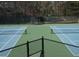Overhead shot of tennis courts showcasing net details, fence lines, and green and blue color scheme at 1061 Steeple Run, Lawrenceville, GA 30043