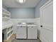 Laundry room featuring modern washer/dryer units, built-in shelving, and wainscoting accents at 1431 Torrington Dr, Auburn, GA 30011