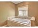 A luxurious soaking tub with tile surround sits beneath a window, offering a serene retreat at 1027 Holland Rd, Dallas, GA 30157