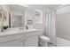 Bright bathroom featuring a modern vanity with white cabinets and a shower with a patterned curtain at 1235 Cedarcrest Blvd, Acworth, GA 30101
