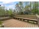 Wood deck featuring a long bench, wood railings, and mature trees for privacy at 700 Bayliss Dr, Marietta, GA 30068