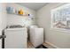 Functional laundry room with washer, dryer, and ample shelving for storage, offering convenience and organization at 1119 Brownstone Dr, Marietta, GA 30008