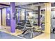 Well-equipped gym with weightlifting equipment, treadmills and mirrors, in purple accented room at 390 17Th Nw St # 2024, Atlanta, GA 30363