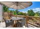 Outdoor deck featuring an umbrella-covered table and chairs, surrounded by trees with a relaxing vibe at 343 Concord St, Alpharetta, GA 30009