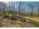 Expansive backyard with a garden bed, mature trees, and a gentle slope, offering a tranquil outdoor setting at 504 Hanover Ct, Woodstock, GA 30188