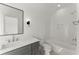 Elegant bathroom featuring gray cabinets, bright white counter tops, and a shower and bath tub combination at 2801 Univeter Rd, Canton, GA 30115